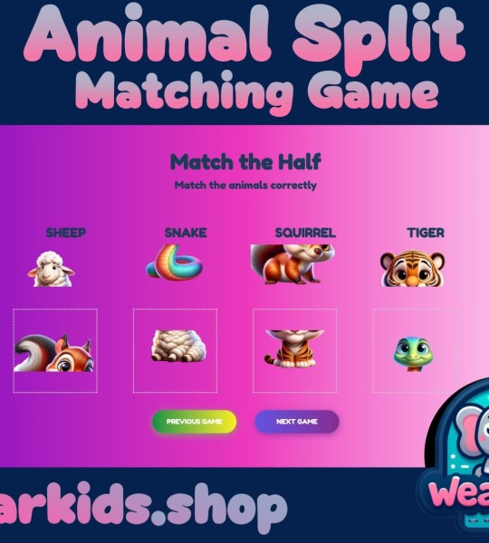 Animal Split Game Matching e-Puzzle, Busy Book Page, Match the Half, Shadow Matching Game, Preschool and Kindergarten Activity, Worksheet
